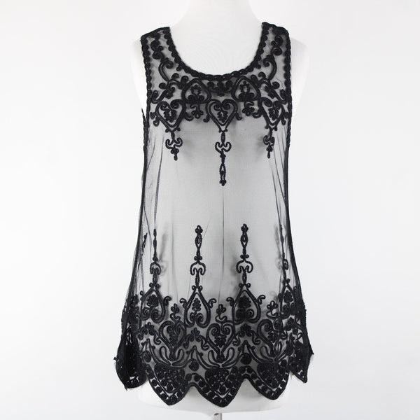 Universal Fashion NEW $50 Sz M Black Sheer Mesh Embroidered Tank 100% Poly Top