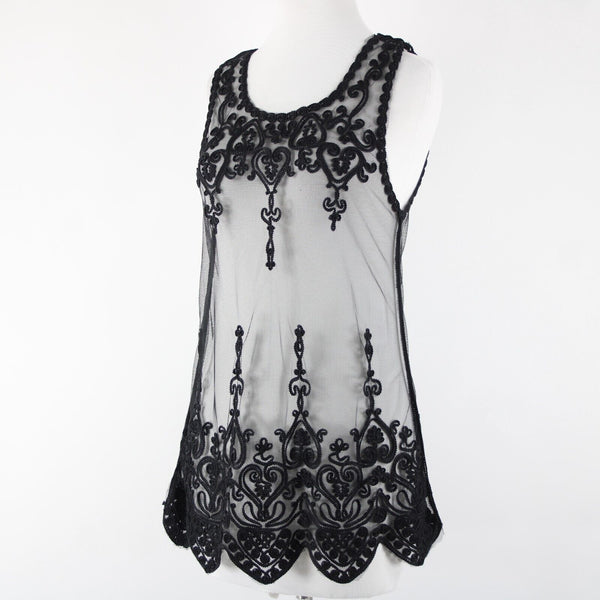Universal Fashion NEW $50 Sz M Black Sheer Mesh Embroidered Tank 100% Poly Top