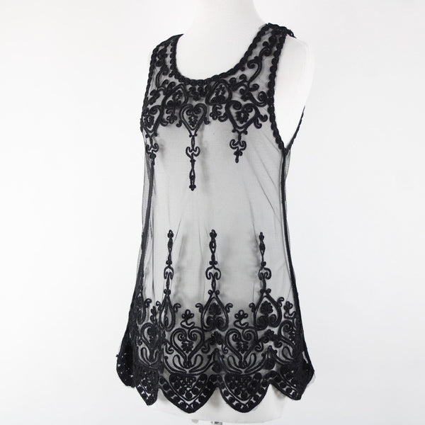 Universal Fashion NEW $50 Sz M Black Sheer Mesh Embroidered Tank 100% Poly Top