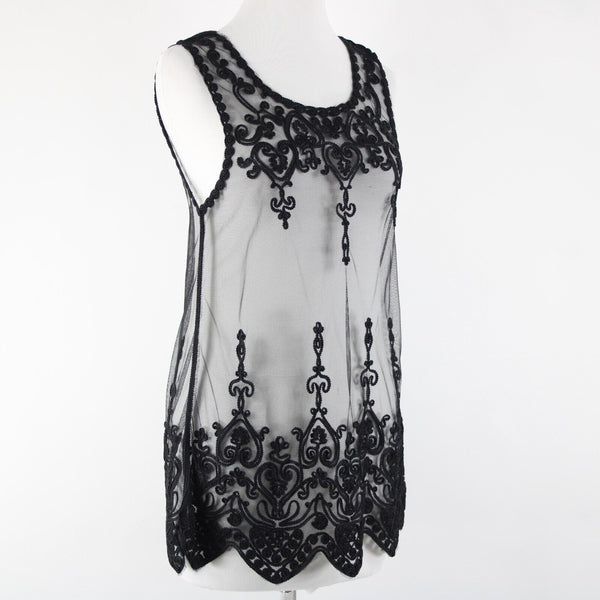 Universal Fashion NEW $50 Sz M Black Sheer Mesh Embroidered Tank 100% Poly Top