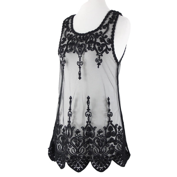 Universal Fashion NEW $50 Sz M Black Sheer Mesh Embroidered Tank 100% Poly Top
