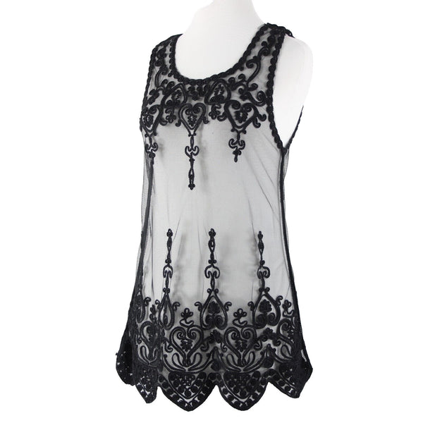 Universal Fashion NEW $50 Sz M Black Sheer Mesh Embroidered Tank 100% Poly Top
