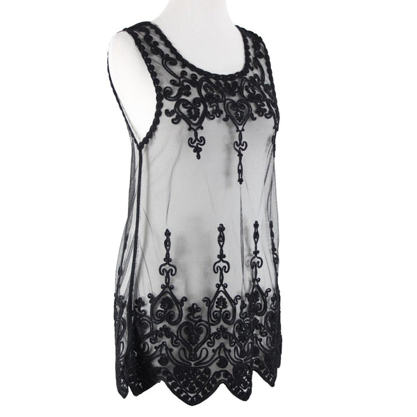 Universal Fashion NEW $50 Sz M Black Sheer Mesh Embroidered Tank 100% Poly Top