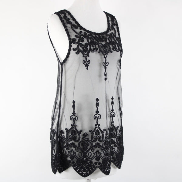 Universal Fashion NEW $50 Sz M Black Sheer Mesh Embroidered Tank 100% Poly Top
