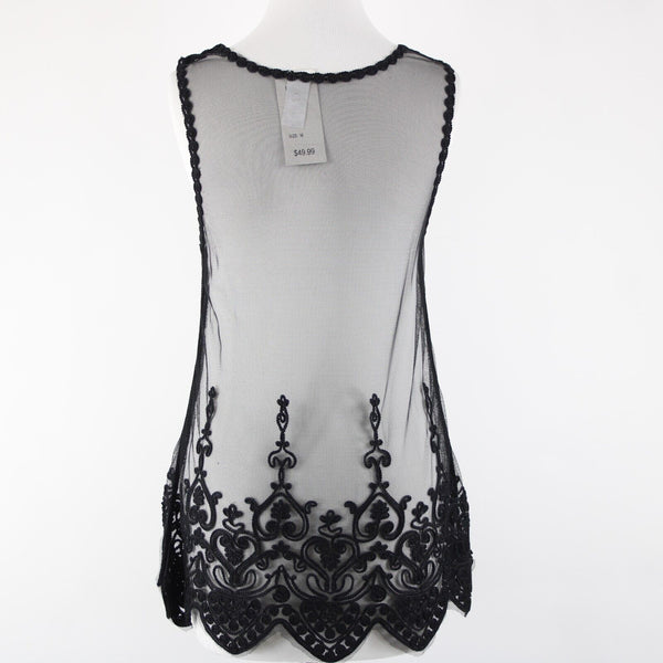 Universal Fashion NEW $50 Sz M Black Sheer Mesh Embroidered Tank 100% Poly Top