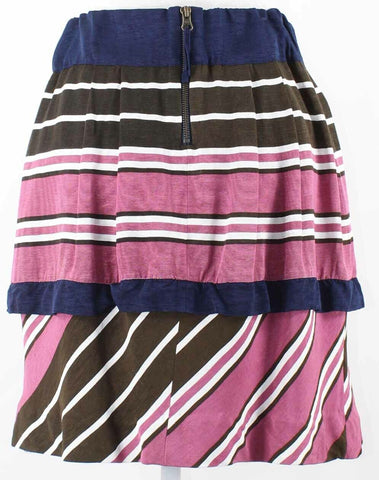 Maeve Sz 2 Blue Brown Pink Stripe Pocketed Viscose Polyester Lined Tiered Skirt