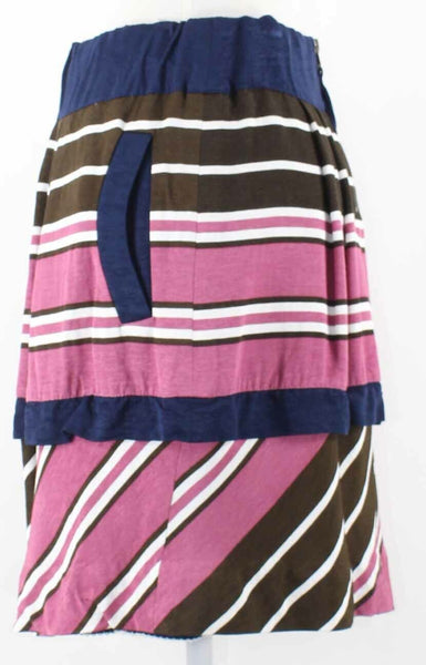 Maeve Sz 2 Blue Brown Pink Stripe Pocketed Viscose Polyester Lined Tiered Skirt