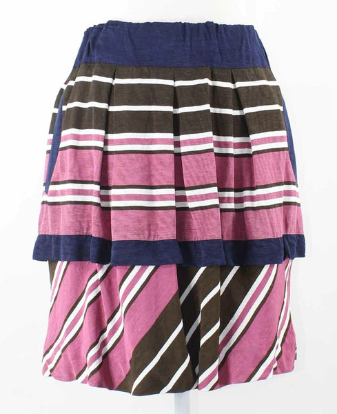 Maeve Sz 2 Blue Brown Pink Stripe Pocketed Viscose Polyester Lined Tiered Skirt
