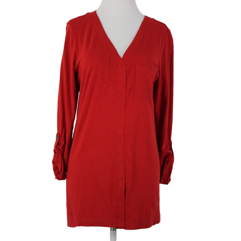J Jill Sz M Red V Neck Roll Tab Sleeve 100% Cotton Top
