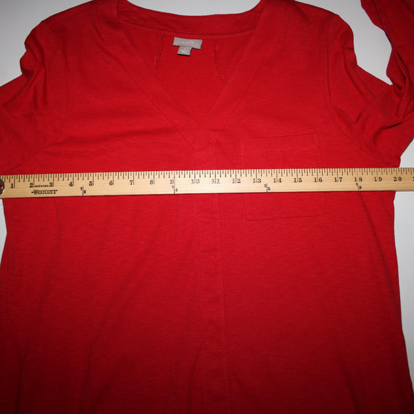 J Jill Sz M Red V Neck Roll Tab Sleeve 100% Cotton Top