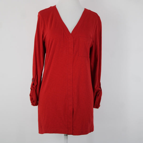 J Jill Sz M Red V Neck Roll Tab Sleeve 100% Cotton Top