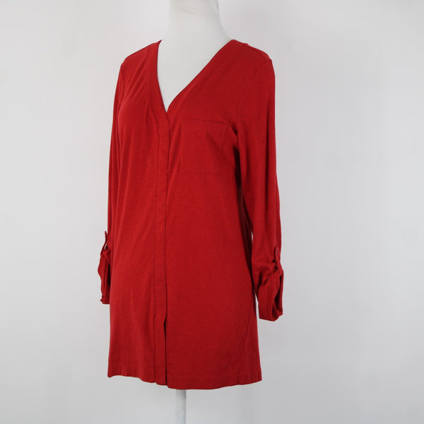 J Jill Sz M Red V Neck Roll Tab Sleeve 100% Cotton Top