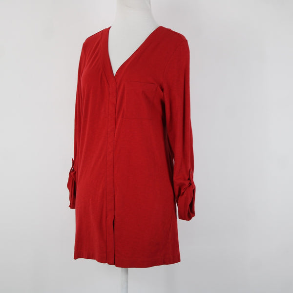 J Jill Sz M Red V Neck Roll Tab Sleeve 100% Cotton Top
