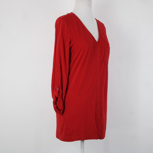 J Jill Sz M Red V Neck Roll Tab Sleeve 100% Cotton Top