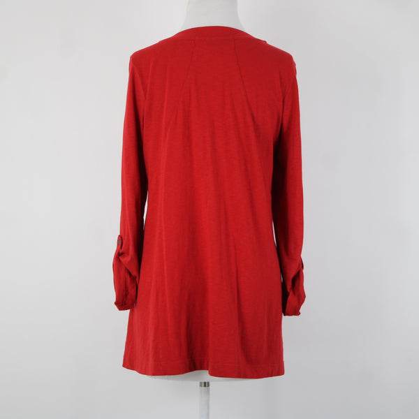 J Jill Sz M Red V Neck Roll Tab Sleeve 100% Cotton Top