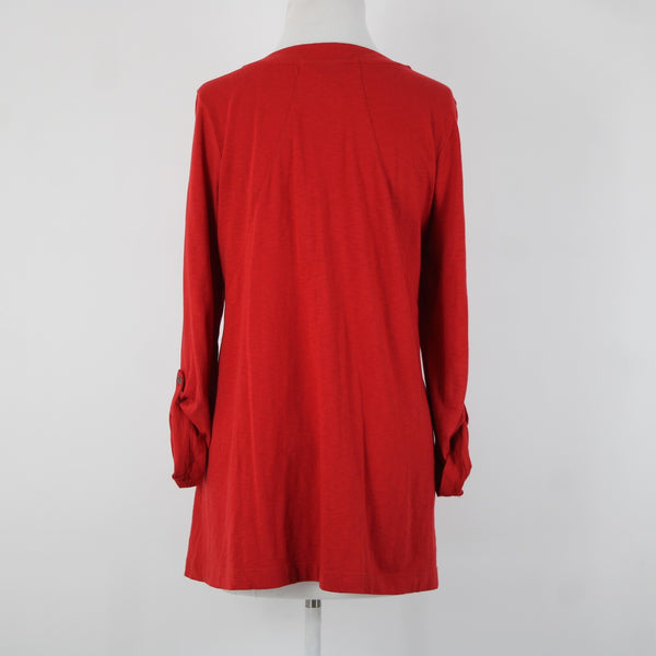 J Jill Sz M Red V Neck Roll Tab Sleeve 100% Cotton Top