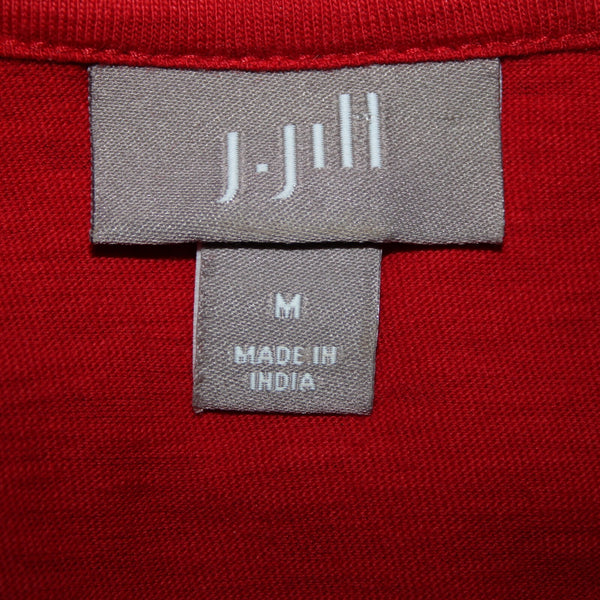 J Jill Sz M Red V Neck Roll Tab Sleeve 100% Cotton Top