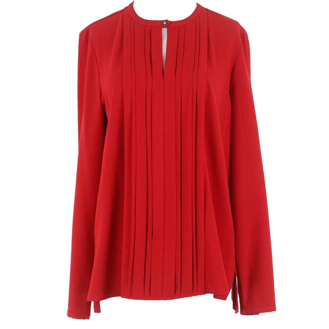 Elie Tahari Sz SP Lipstick Red Pleat Snap Cuffs Keyhole Neck Snap Poly Blend Top
