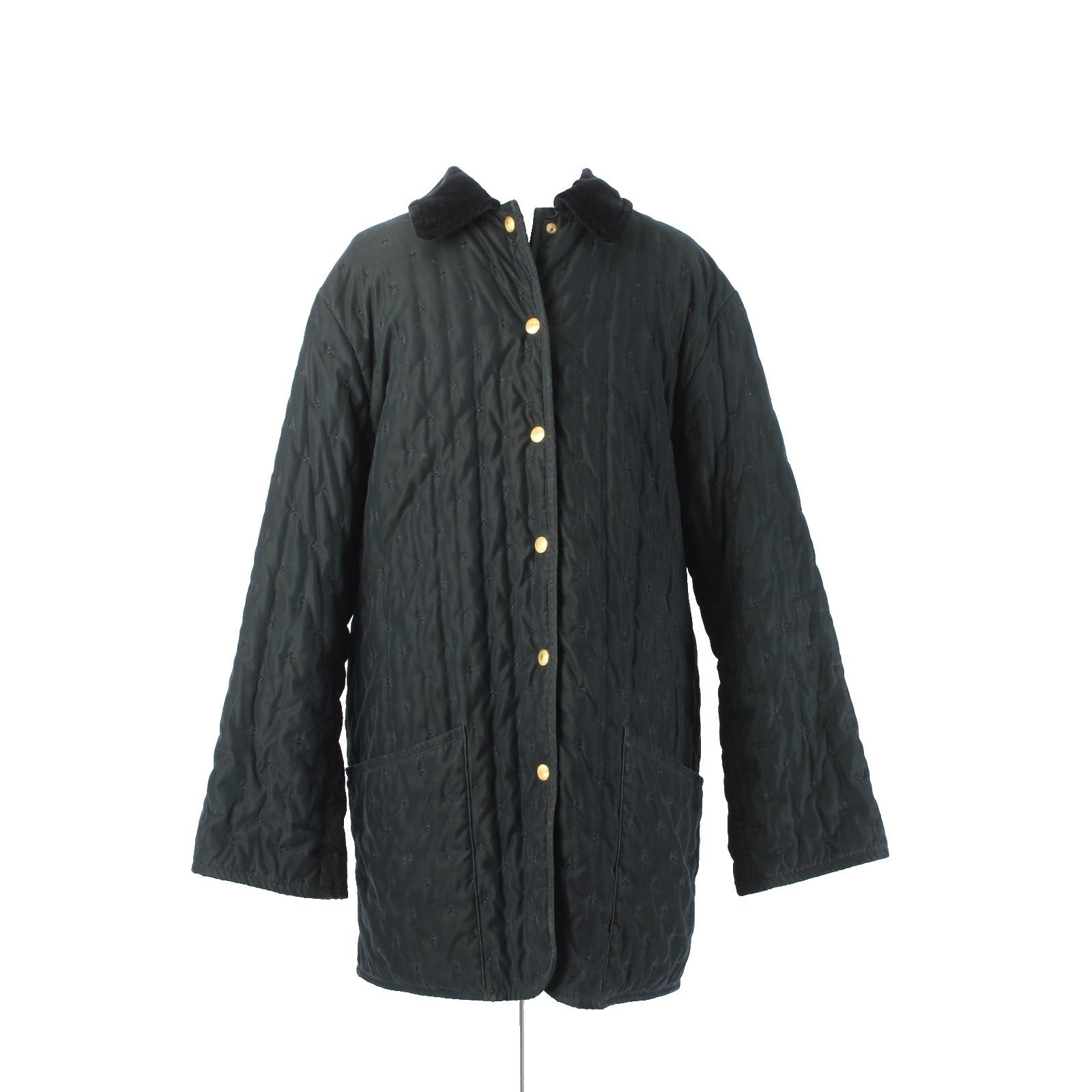 Hermes Coat Sz 34 Black Quilted Collared Button Down Pockets 100% Cotton Coat