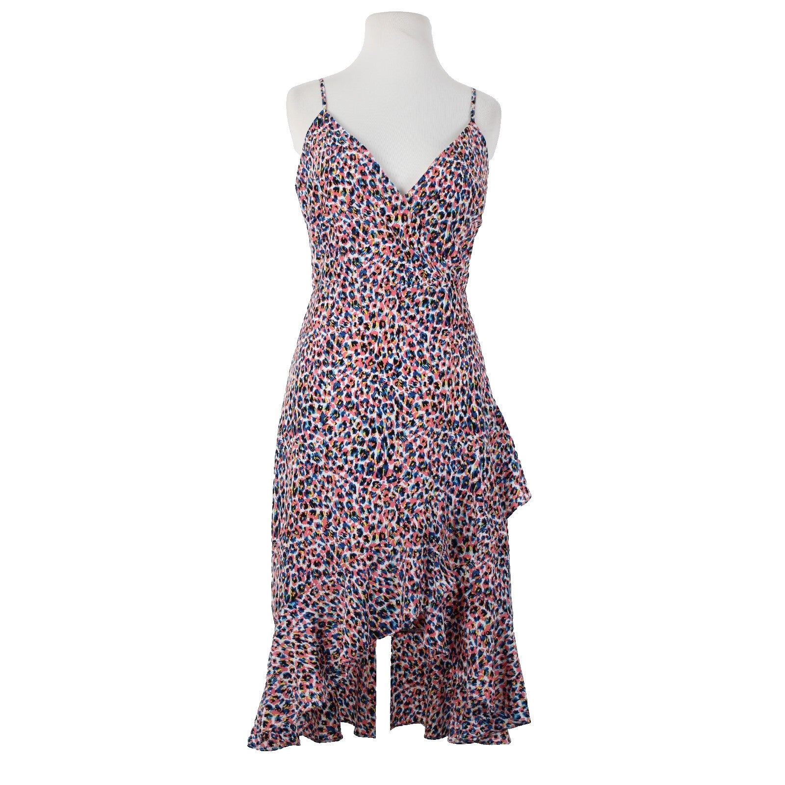 Molly Bracken NEW Sz XS Pink Blue Multi Color Ruffles V Neck 100% Poly Dress