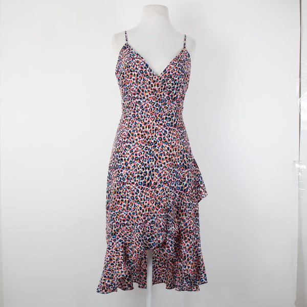 Molly Bracken NEW Sz XS Pink Blue Multi Color Ruffles V Neck 100% Poly Dress