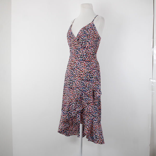 Molly Bracken NEW Sz XS Pink Blue Multi Color Ruffles V Neck 100% Poly Dress