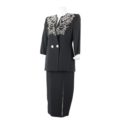 Criscione Sz S Black White Embroidered Rhinestone Statement Lined Polyamide Suit