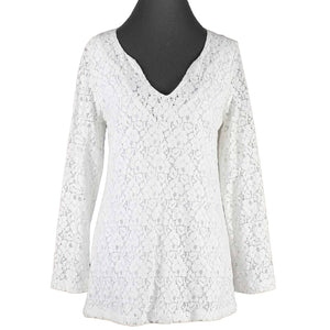 Kersh NEW $79 Sz L White Lace Overlay Back Zip Cotton Blend Top