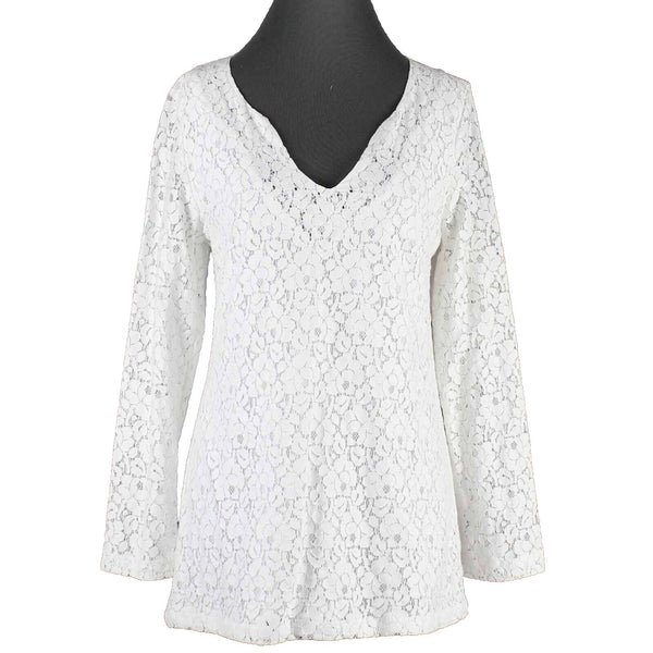 Kersh NEW $79 Sz L White Lace Overlay Back Zip Cotton Blend Top