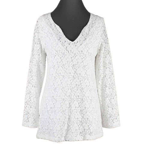 Kersh NEW $79 Sz L White Lace Overlay Back Zip Cotton Blend Top