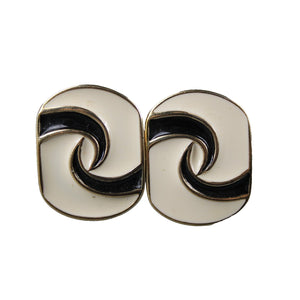 Trifari Goldtone Cream Black Enamel Swirl Huggie 1" Clip On Earrings