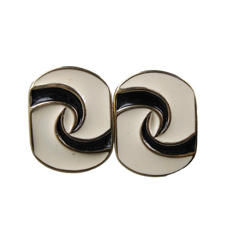 Trifari Goldtone Cream Black Enamel Swirl Huggie 1" Clip On Earrings