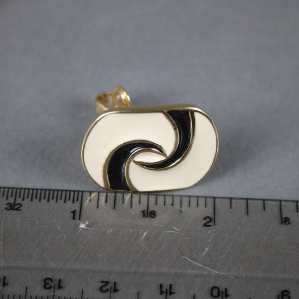Trifari Goldtone Cream Black Enamel Swirl Huggie 1" Clip On Earrings