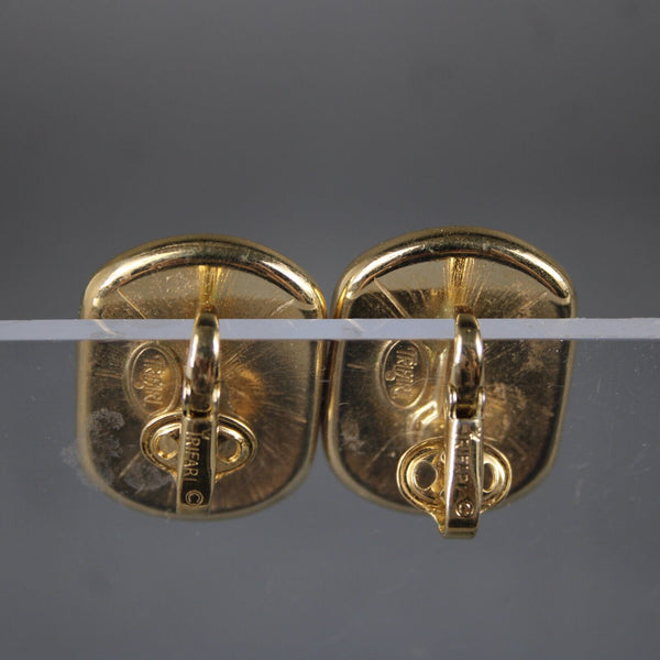 Trifari Goldtone Cream Black Enamel Swirl Huggie 1" Clip On Earrings