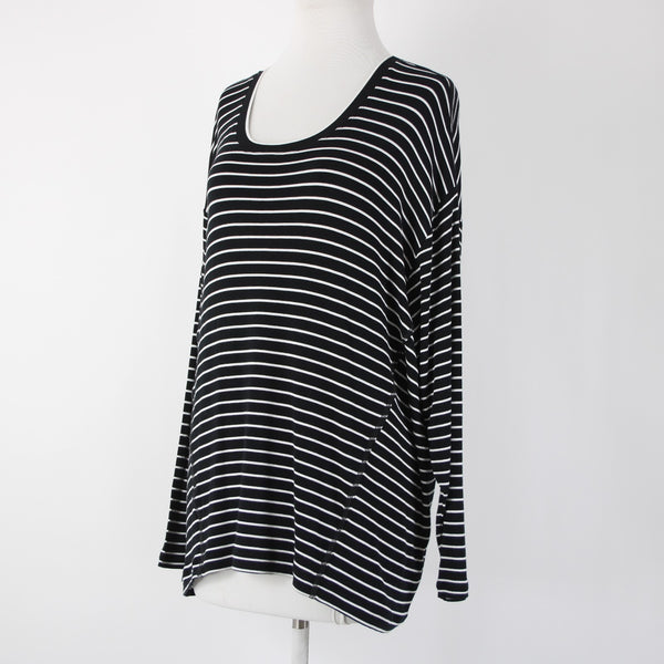 Cabi Sz S Black White Striped Round Neck Long Sleeve Rayon Spandex Top