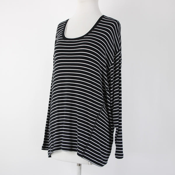 Cabi Sz S Black White Striped Round Neck Long Sleeve Rayon Spandex Top