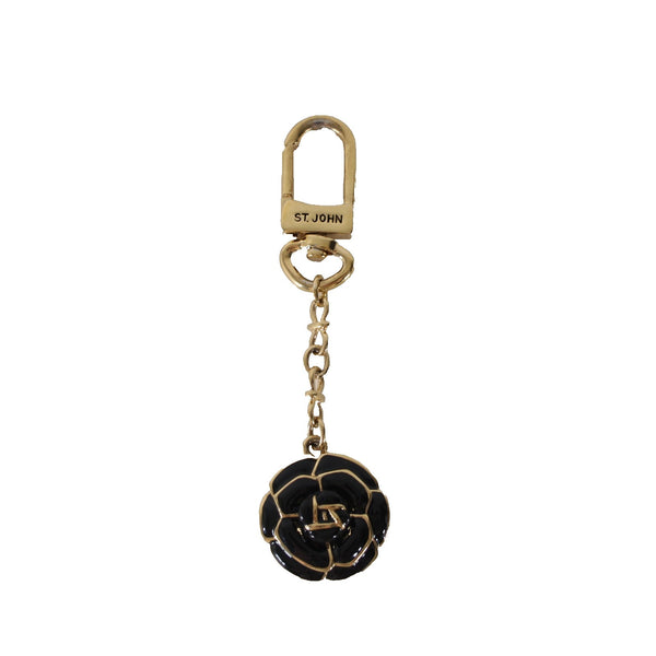 St John Rose Key Fob Black Enamel Gold Embossed 1 3/8" Rose Theme 5" Key Chain