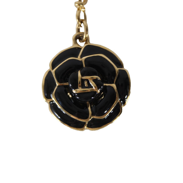 St John Rose Key Fob Black Enamel Gold Embossed 1 3/8" Rose Theme 5" Key Chain