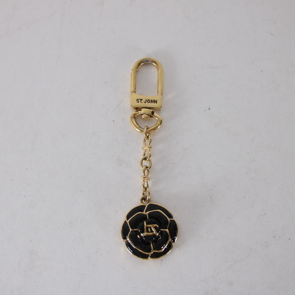 St John Rose Key Fob Black Enamel Gold Embossed 1 3/8" Rose Theme 5" Key Chain