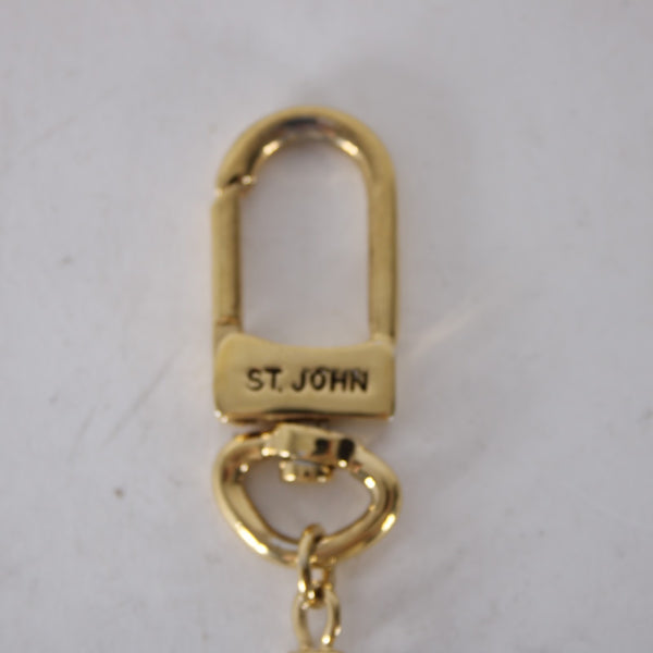 St John Rose Key Fob Black Enamel Gold Embossed 1 3/8" Rose Theme 5" Key Chain