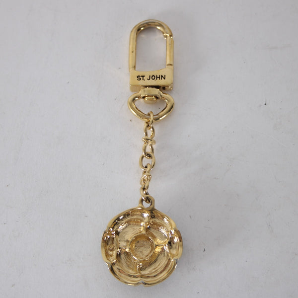 St John Rose Key Fob Black Enamel Gold Embossed 1 3/8" Rose Theme 5" Key Chain