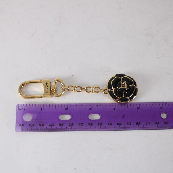 St John Rose Key Fob Black Enamel Gold Embossed 1 3/8" Rose Theme 5" Key Chain