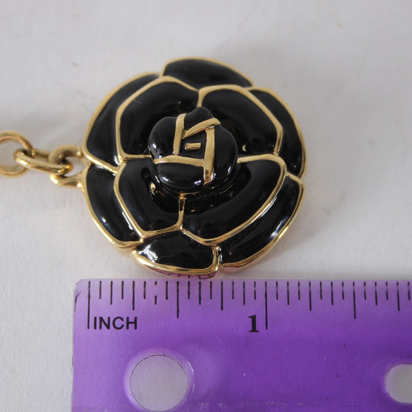 St John Rose Key Fob Black Enamel Gold Embossed 1 3/8" Rose Theme 5" Key Chain
