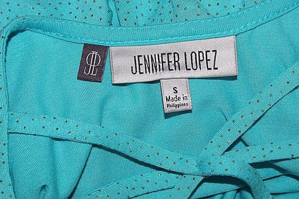 JLo NEW $34 Sz S Aqua Blue Silver Glitter Strappy Back Rayon Jersey Top