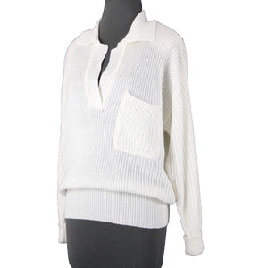 Carole Little Sz M White Collared Open Knit VNeck 100% Acrylic Sweater