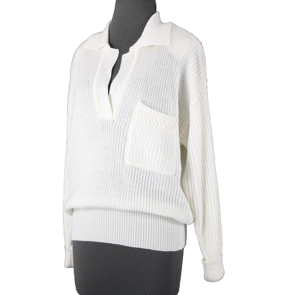 Carole Little Sz M White Collared Open Knit VNeck 100% Acrylic Sweater