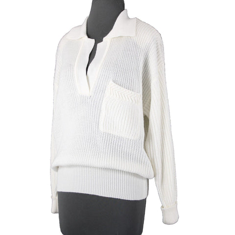 Carole Little Sz M White Collared Open Knit VNeck 100% Acrylic Sweater