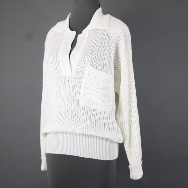 Carole Little Sz M White Collared Open Knit VNeck 100% Acrylic Sweater