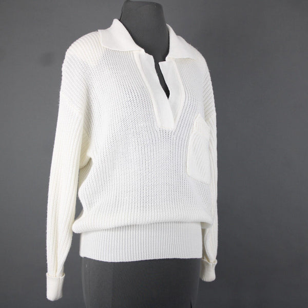 Carole Little Sz M White Collared Open Knit VNeck 100% Acrylic Sweater