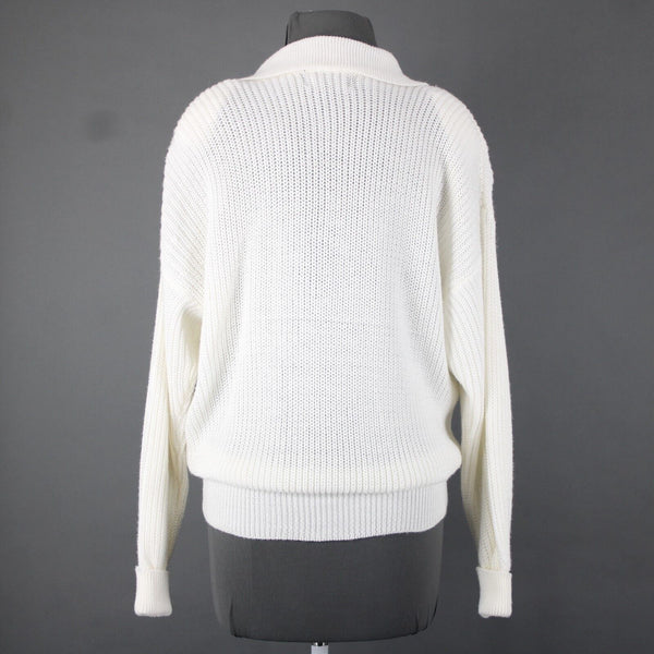 Carole Little Sz M White Collared Open Knit VNeck 100% Acrylic Sweater